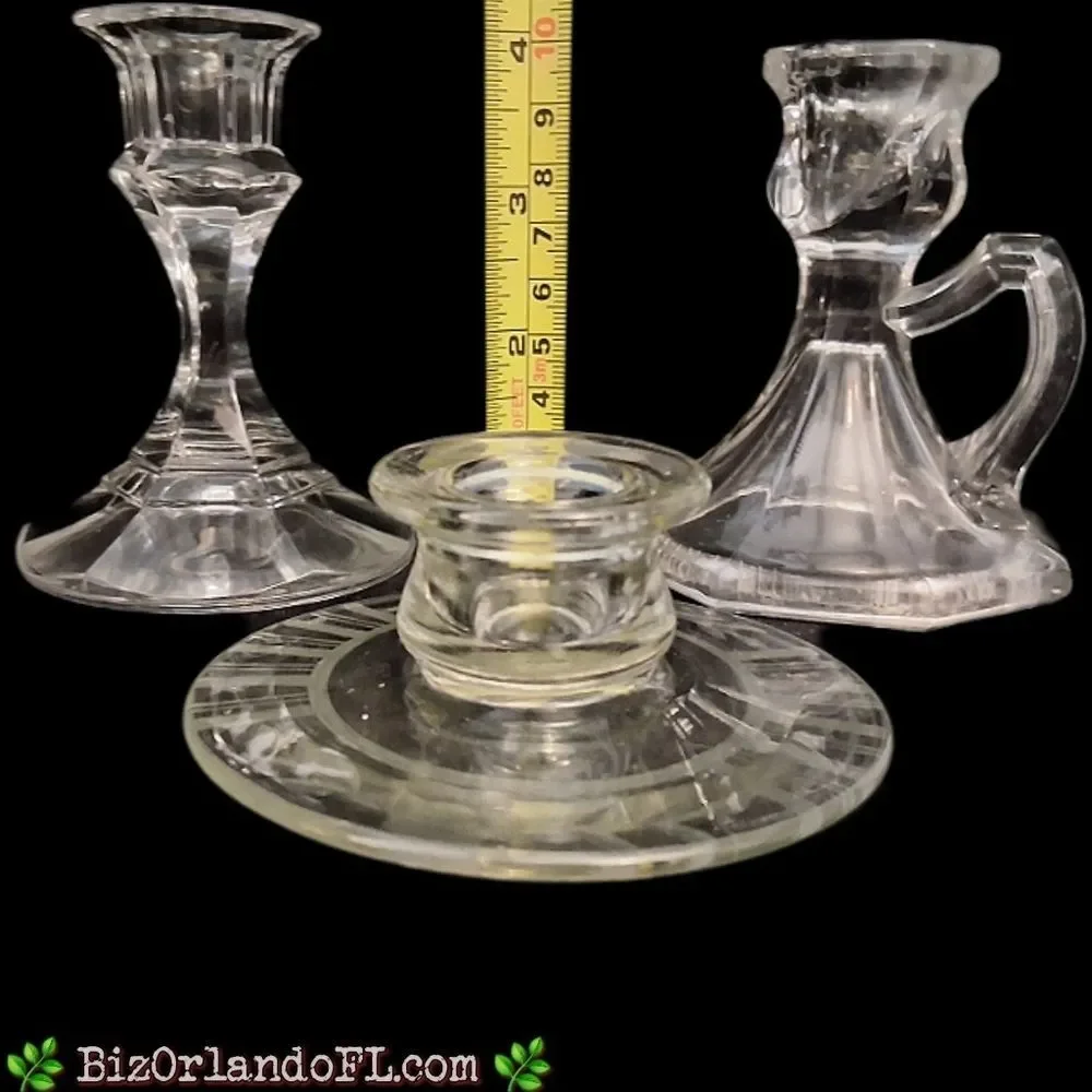 VINTAGE: Lot (3) Elegant Styles & Size Glass Candlestick Holders Art Glass Decor